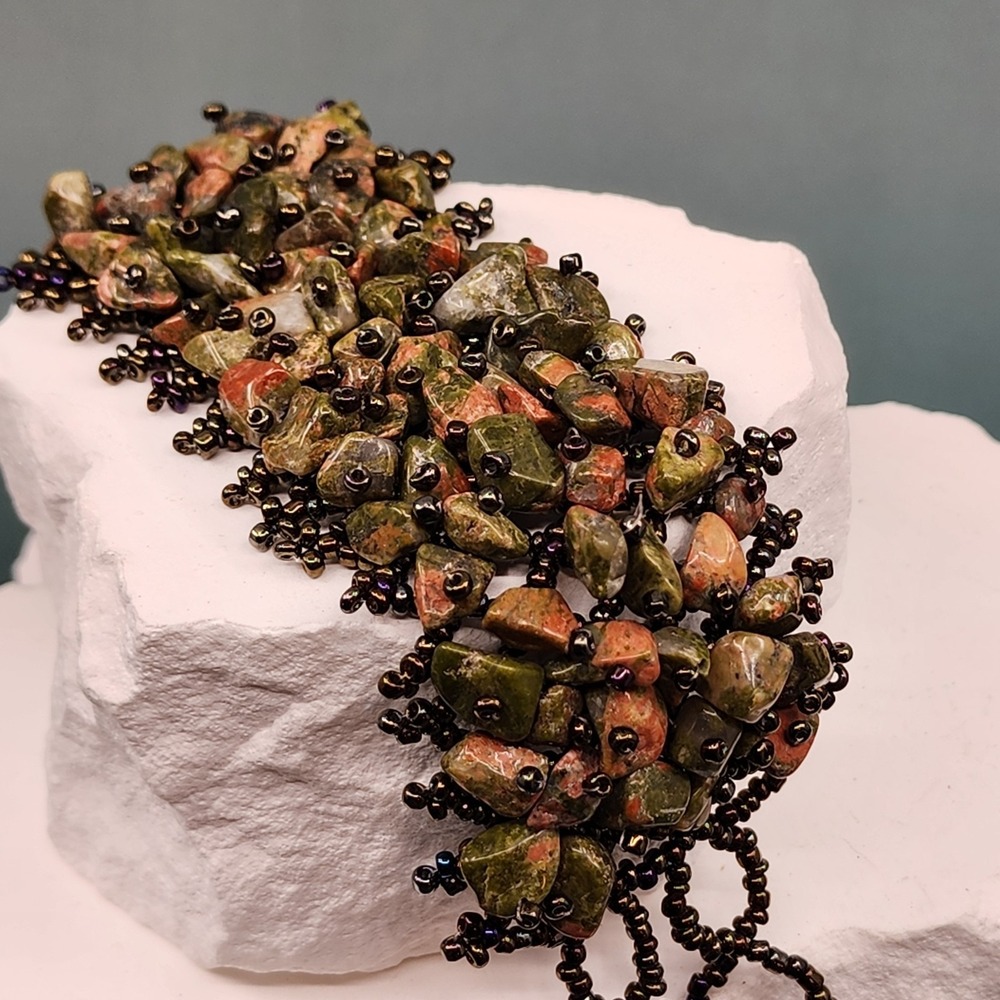 Unakite Stone Chip Wide Cuff Bracelet Bronze Seed Beads Boho Artisan Statement